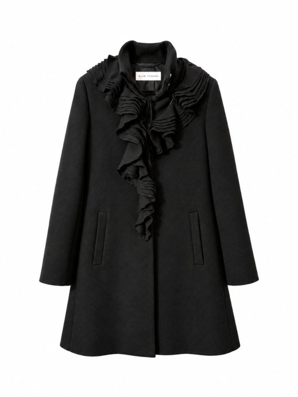 Elie Tahari Black Wool Blend Ruffle Front Coat S/M